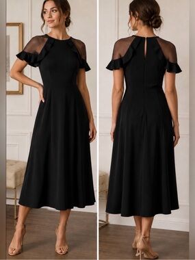 Muadress Black Mesh Cold-Shoulder Fit & Flare Midi Dress – Size Medium